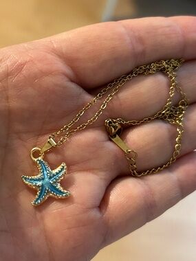 Delicate goldtone Chain Necklace with Blue Starfish Pendant